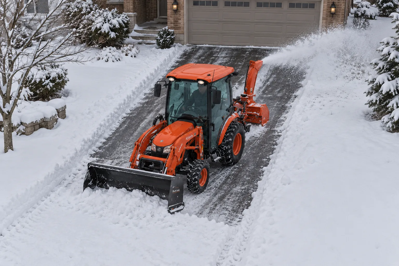 AI-generated aerial illustration of a Kubota compact tractor clearing snow with a rear inverted snowblower and front HLA snow pusher