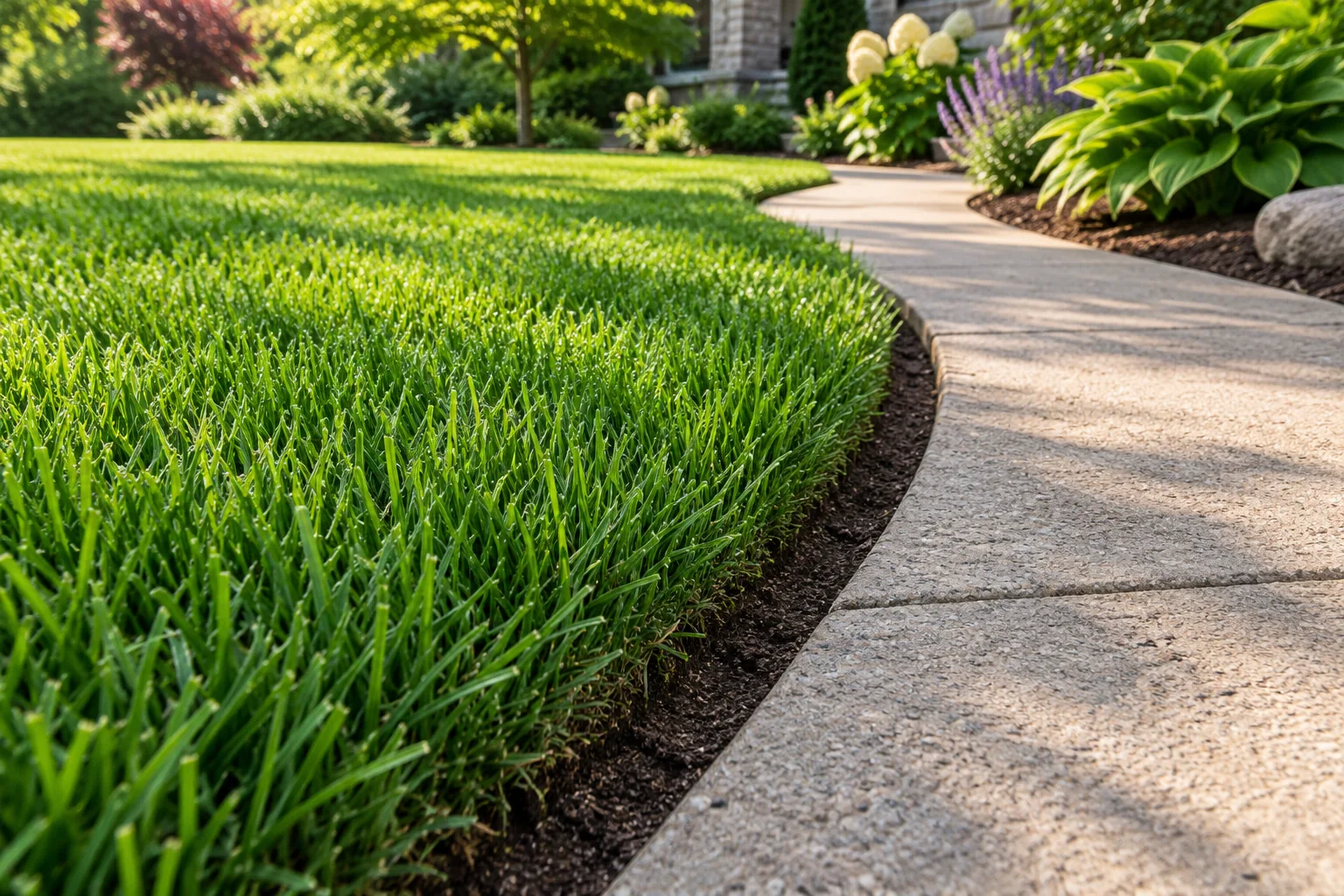 Illustrative close-up of careful lawn edging beside a walkway