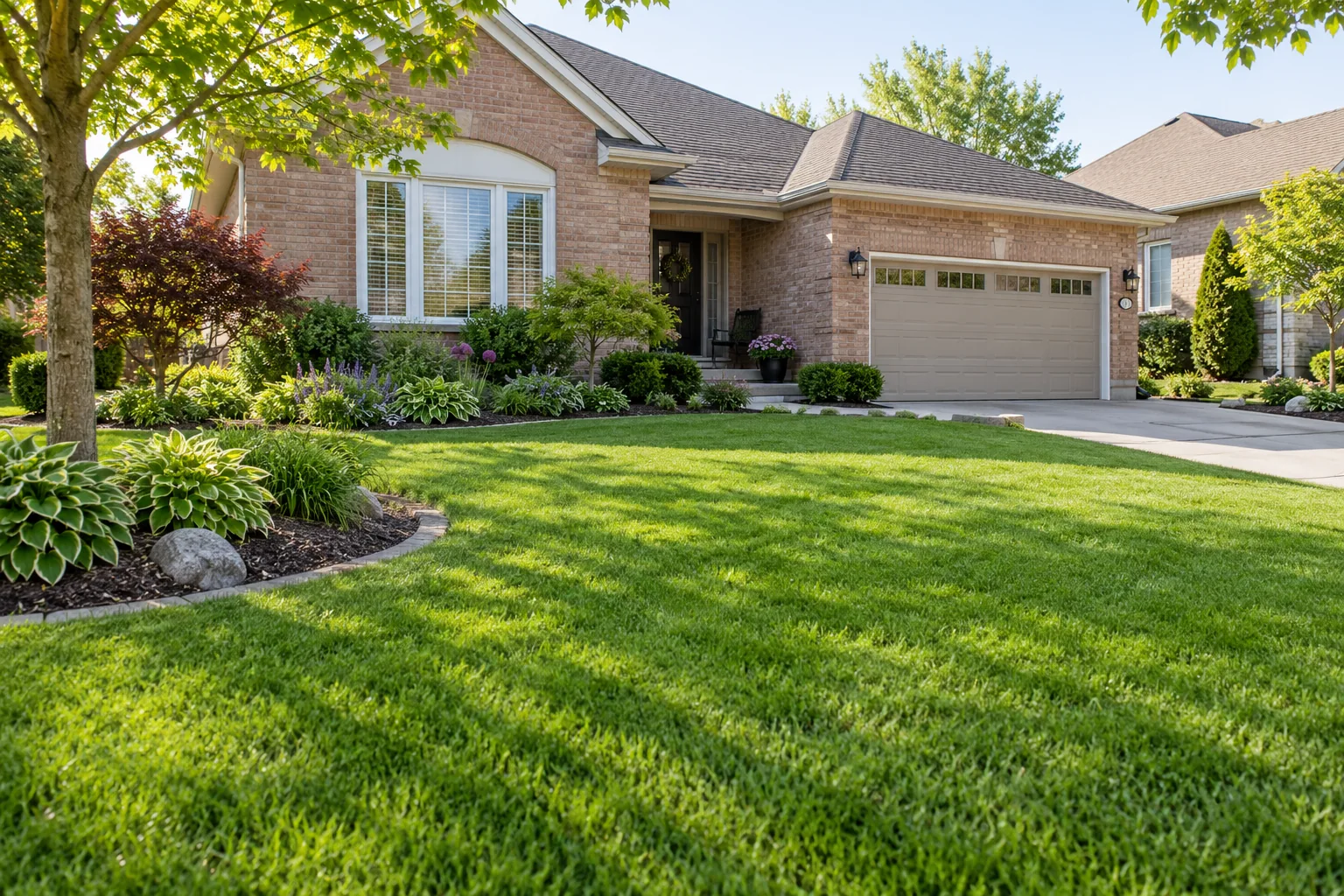 Illustrative green lawn and tidy garden edging at a residential home
